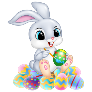 an easter bunny paining his eggs